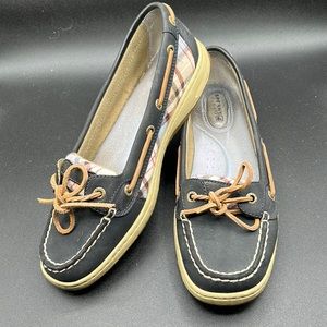 Women's Pre Loved Sperry Top Siders, Navy Leather & Plaid Fabric, SZ 8M